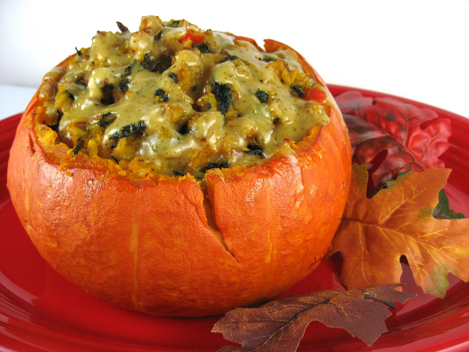 Robyn Cooks Winter Squash Stuffed with Wild Rice, Kale, and Yumm! Sauce