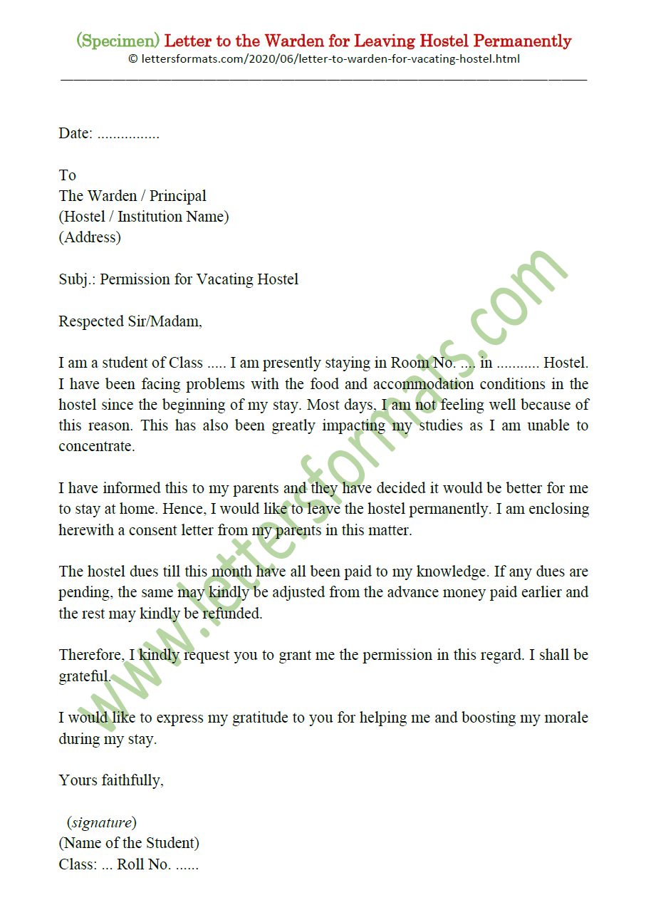 application letter for permanently leaving hostel