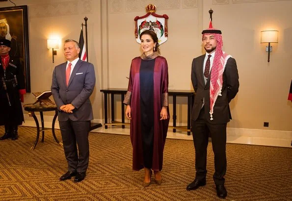 Queen Rania wore Layeur (The Modist) Silk Seraphima Dress. King Abdullah, Queen Rania, Crown Prince Hussein and Princess Salma at Independence Day