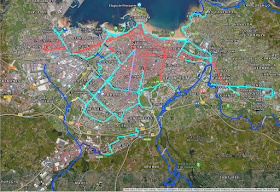 Mapa ciclista de Gijón. En rojo los nuevos ciclocarriles