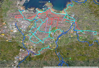 Mapa ciclista de Gijón. En rojo los nuevos ciclocarriles