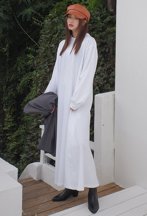 Hooded Solid Tone Long Dress