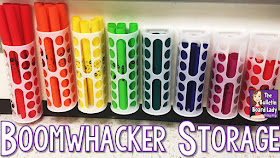 Clever ideas for storing Boomwhackers in your music classroom are highlighted.  Boomwhacker storage can be inexpensive and beautiful with these ideas.