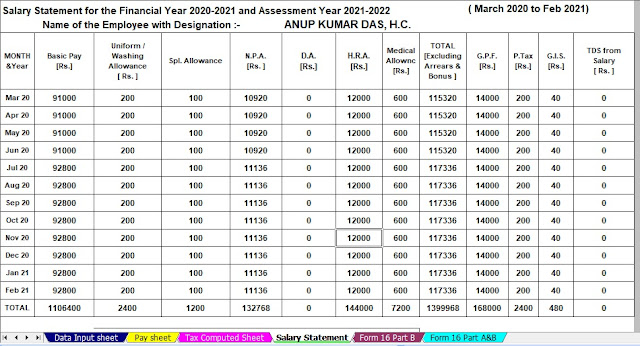 Income Tax Calculator for The W.B.Govt Employees for the F.Y.2020-21