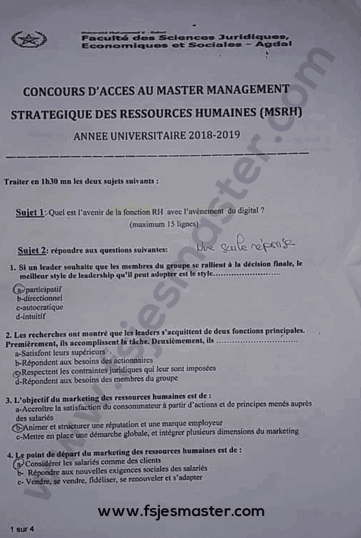 Exemple Concours Master Management Strategique Des Ressources Humaines Msrh 2018 2019 Fsjes Agdal Fsjes Master Concours Et Examens D Acces Au Master Maroc