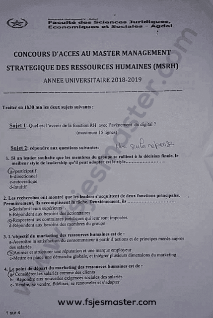 Exemple Concours Master Management Stratégique des Ressources Humaines