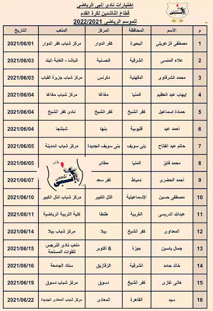 جدول مواعيد اختبارات الناشئين في نادي انبي 2021 جدول مواعيد اختبارات الناشئين في نادي انبي 2021