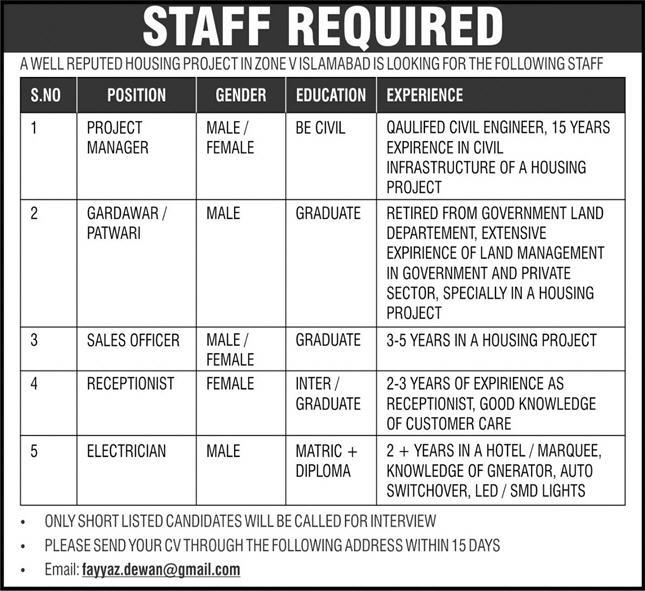 Well Reputed Housing Project Jobs 2021 in Pakistan - Jobs in  Islamabad 2021 - Electrician Jobs 2021 - Patwari Jobs 2021 - Project Manager Jobs 2021