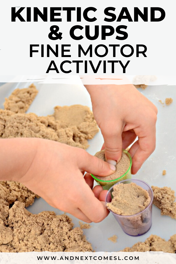Looking for kinetic sand activities for toddlers and preschoolers? Try this kinetic sand and cups fine motor activity!