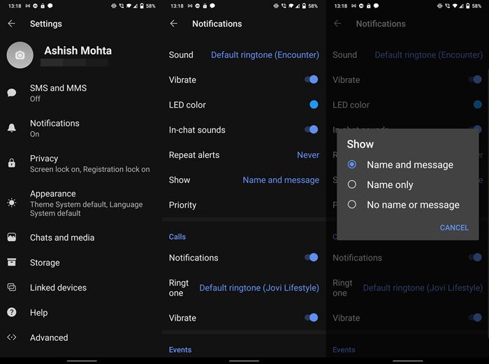 Disabilita l'anteprima del messaggio in Signal