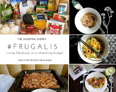Mosaic of images showing a selection of groceries, three meals and a peach danish. The meals are craisin porridge, stir fry noodles and vegetable frittata.