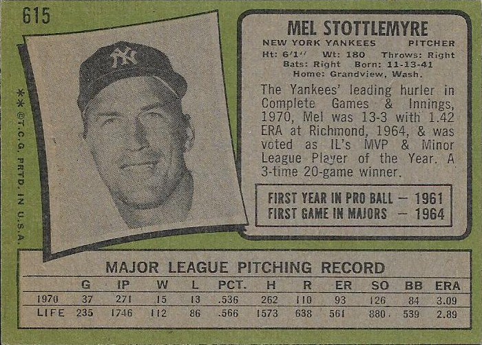 Topps 1971 no. 615 mel stottlemyre