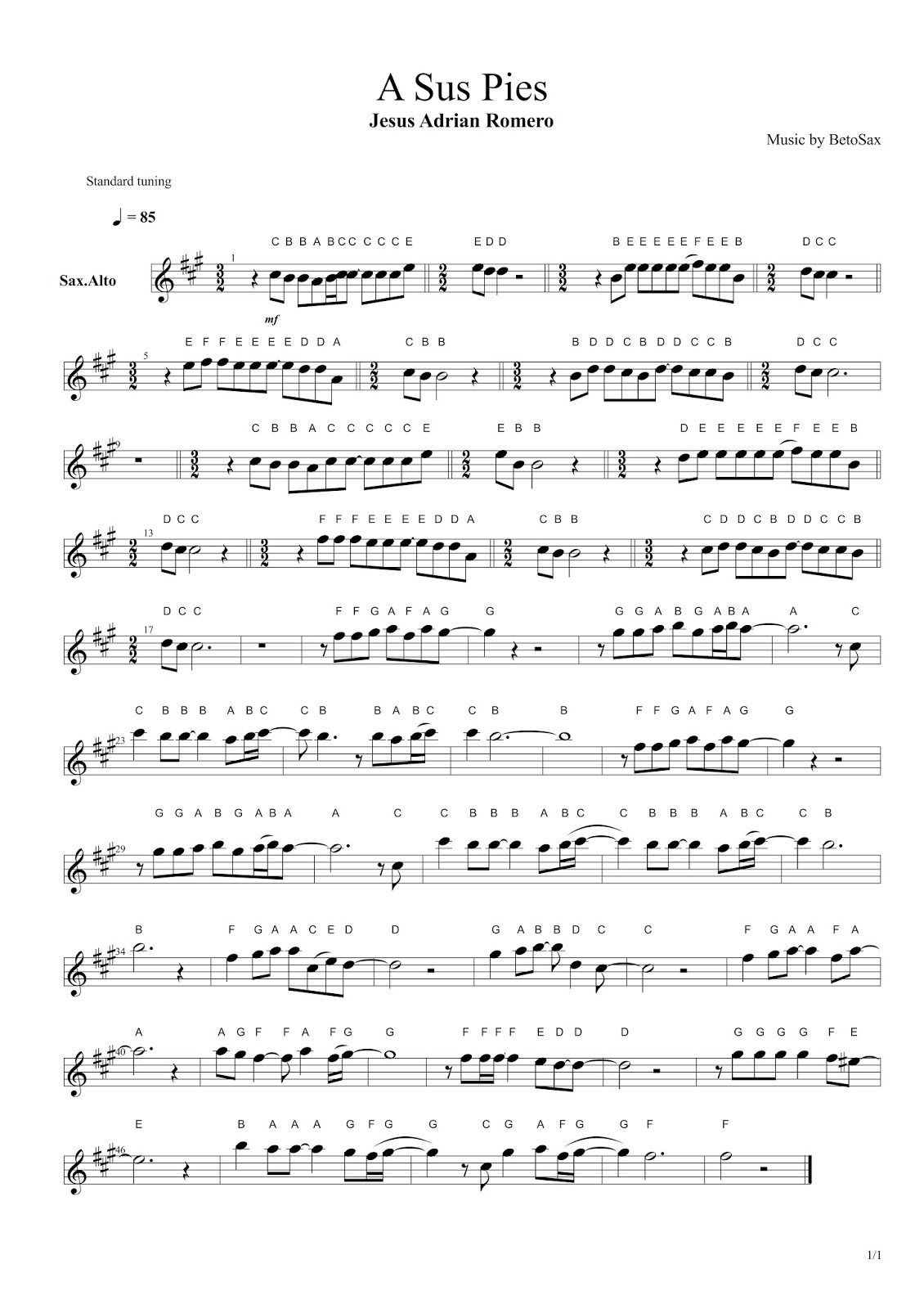 Notas Cristianas Para Saxofon A Sus Pies Jesús Adrian Romero Notas