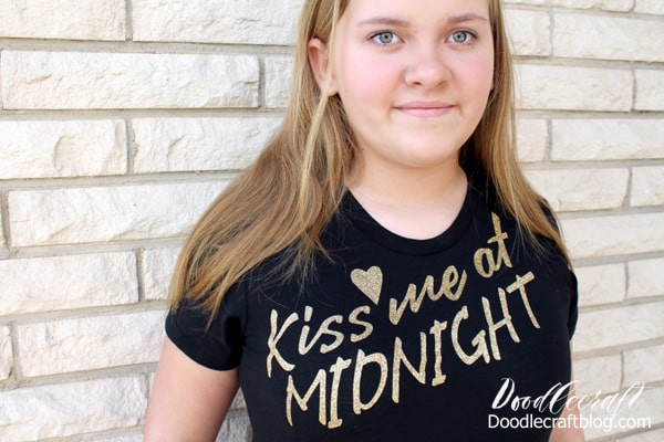 Make the perfect Kiss Me at Midnight Glitter Shirt DIY with gold iron-on glitter vinyl and the Cricut