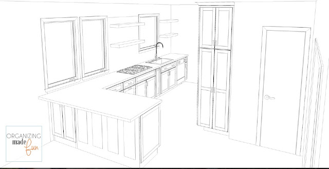 Sketch of kitchen cabinets full of drawers and cupboard space :: OrganizingMadeFun.com