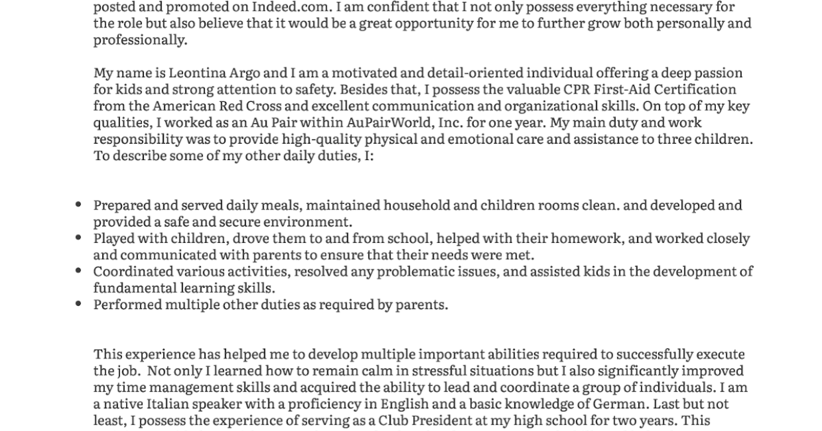 example of cover letter for au pair