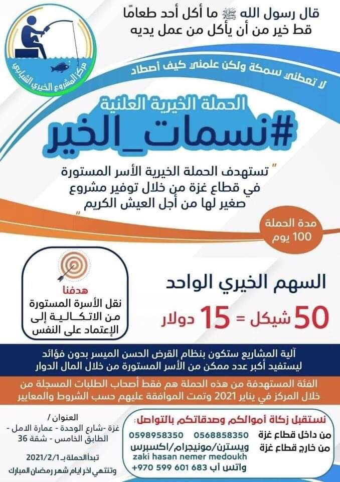 مركز المشروع الخيري الشبابي يعلن عن الحملة الخيرية العلنية للأسر المستورة في قطاع غزة مركز المشروع الخيري الشبابي يعلن عن الحملة الخيرية العلنية للأسر المستورة في قطاع غزة