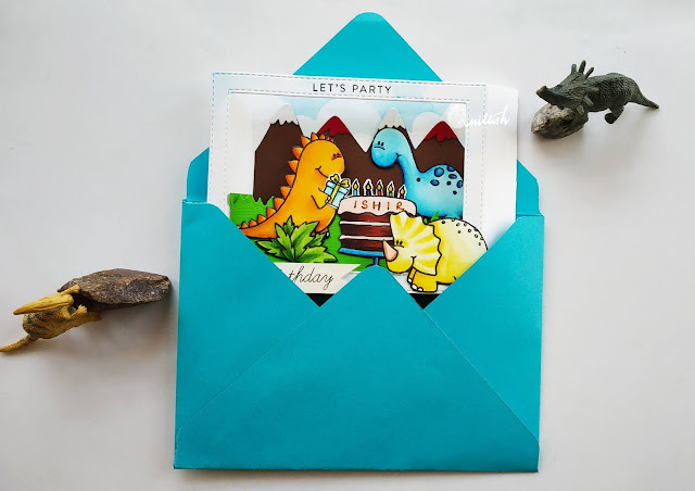 Pop up shadow box card, Pop up Dinosaur card, Dinosaur card, card for Dino lovers,Jane's Doodles, interactive card, Card for boys, masculine birthday card, masculine card, Quillish, Jane's doodles dinosaur stamp, Dino time, 