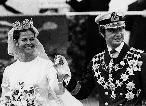 King Gustaf and Queen Silvia wedding anniversary. Princess Estelle, Princess Madeleine, Princess Leonore, Princess Sofia, Prince Oscar, wedding dress