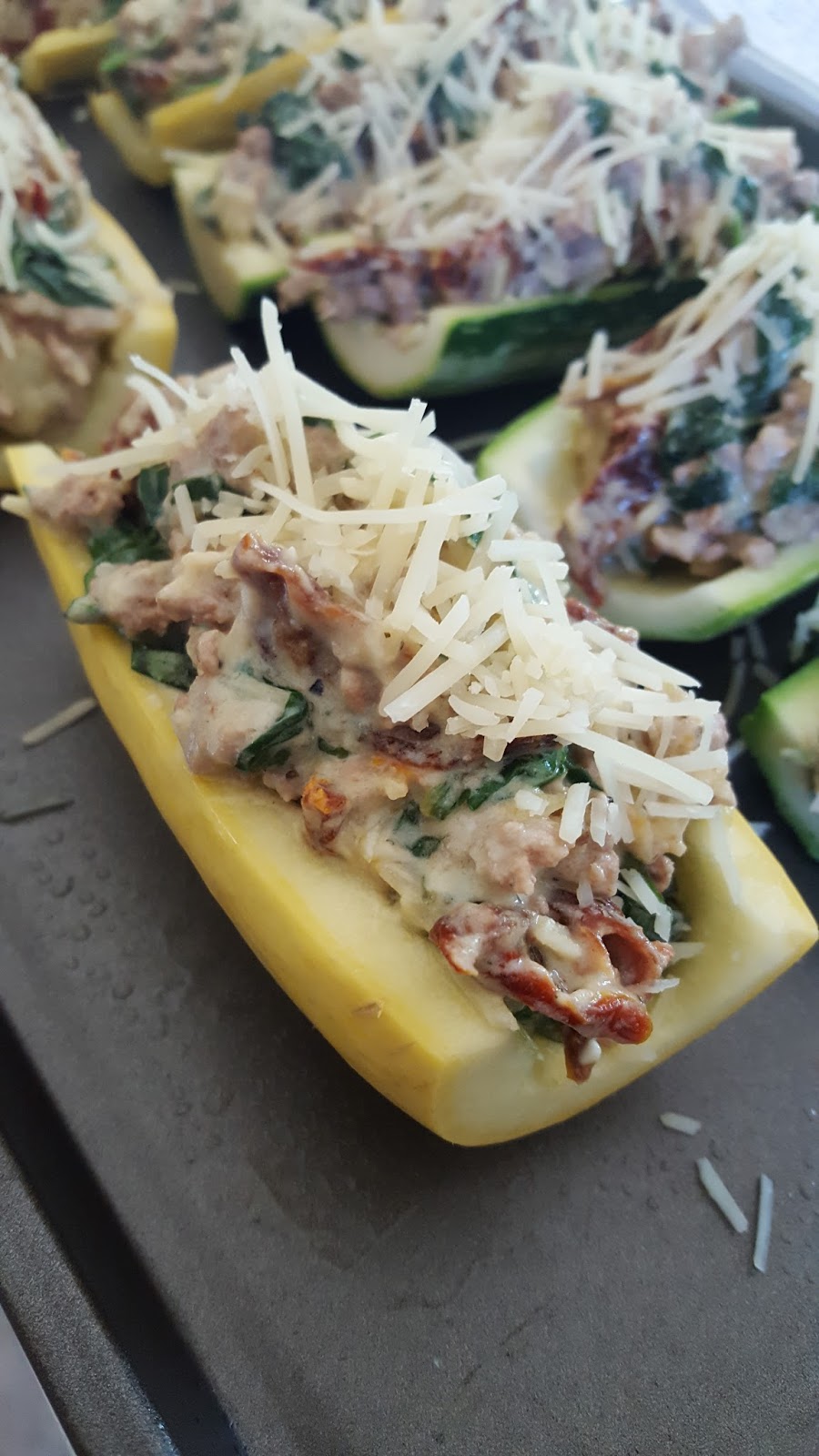 Cooking is Caring Chicken, Ricotta and Spinach Stuffed Zucchini Boats