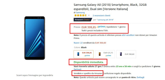 Samsung Galaxy A8 (2018) venduto e spedito da Amazon a 399 euro con disponibilità immediata