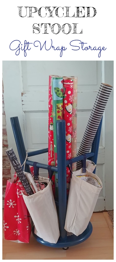 Vertical Wrapping Paper Storage from a Wood Counter Stool