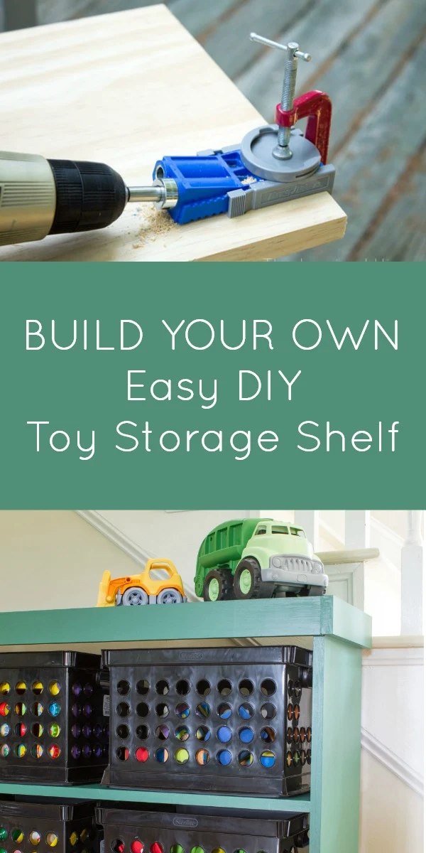 The easy way to build furniture! Learn how simple it is to use the Kreg Jig to build a DIY wooden toy storage shelf.