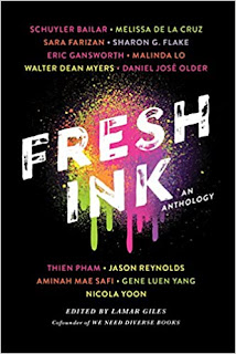 A dripping splotch of neon green, orange, and pink paint against a black background.