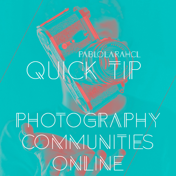 Quick Tip Photography Communities Online with a background in light blue and pink of a man throwing a camera in the air