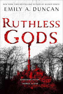 A city on a hill with a leafless forest rising up behind it, the city is drenched in red, dripping like blood from the floating text of "RUTHLESS GODS" above.