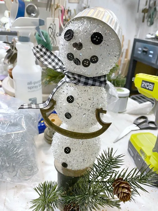 Junky snowman built from parts from around the workshop