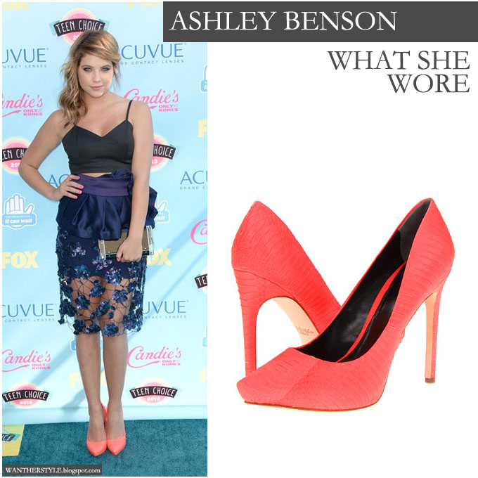 WHAT SHE WORE Ashley Benson in bright coral pink pumps at the 2013 Teen Choice Awards in Los