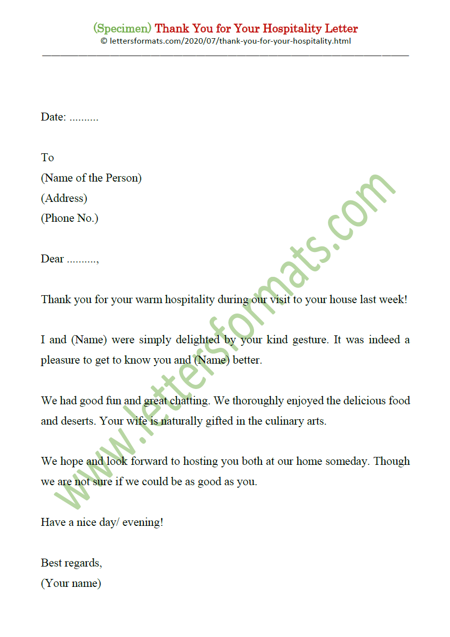 Sample Thank You Note Letter & Email for Warm Hospitality