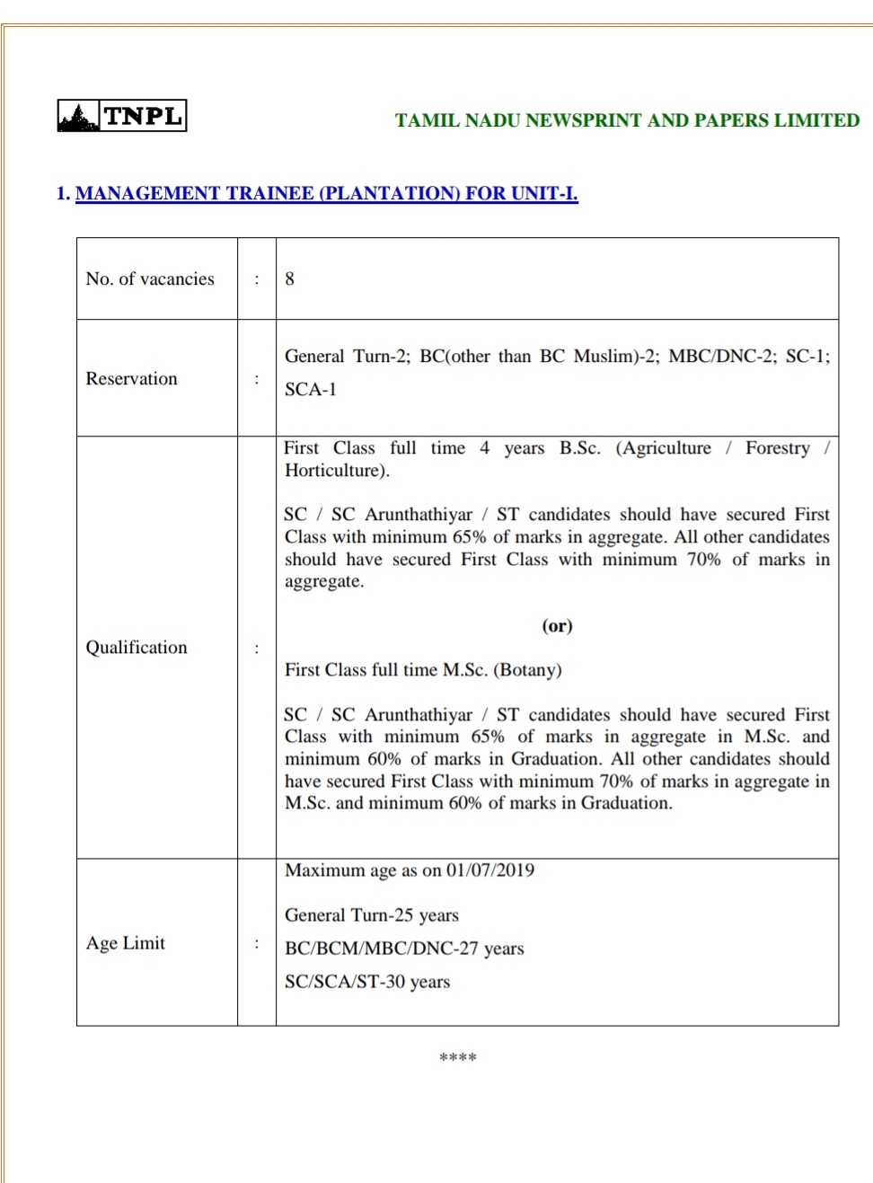 TNPL Management Trainee (Plantation) Vacancy 2019 Tamil Nadu Newsprint