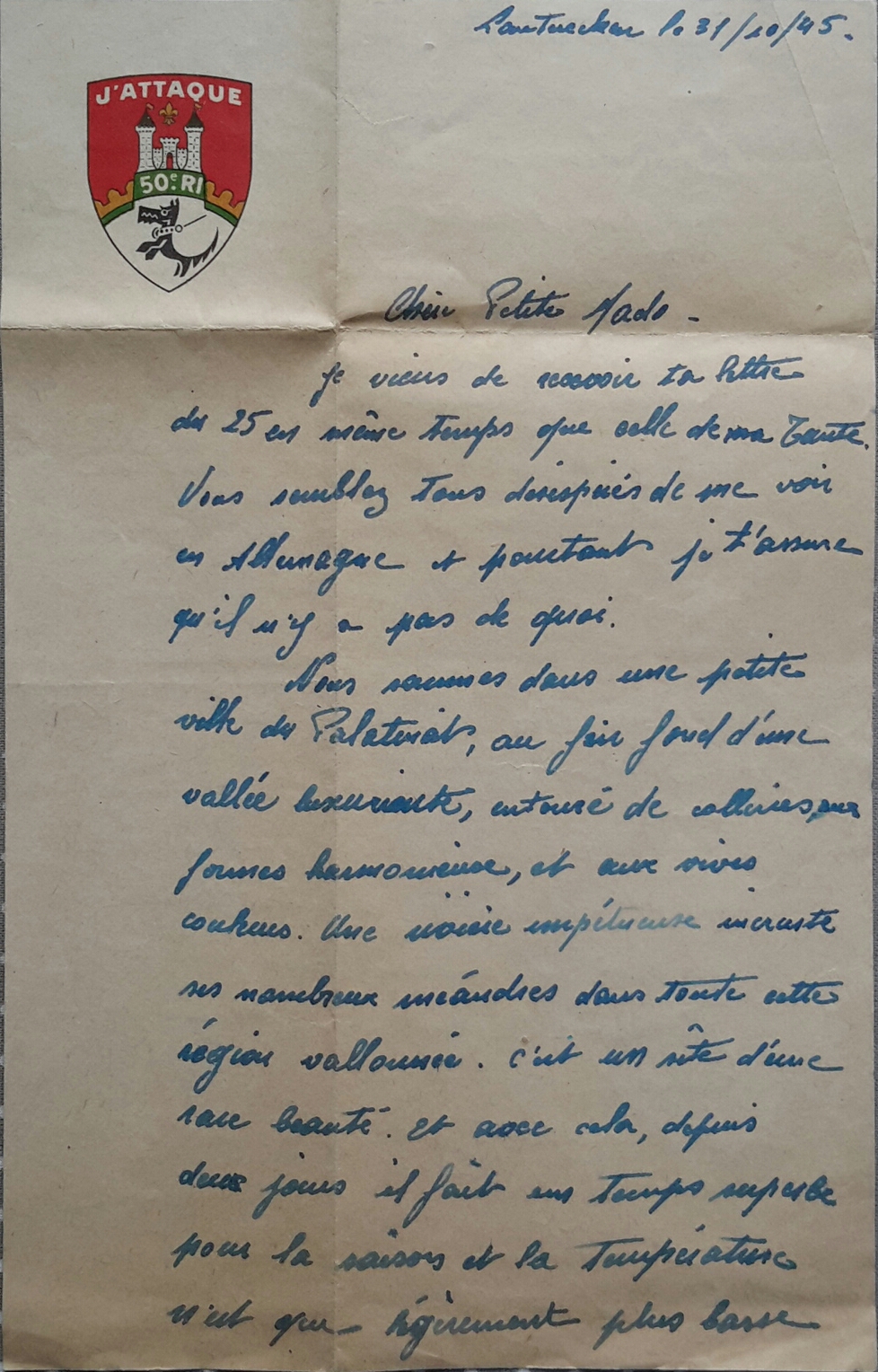 La Resistance Francaise Brigade Rac / 50e R.I. Allemagne le 31 octobre 1945 Lettre d