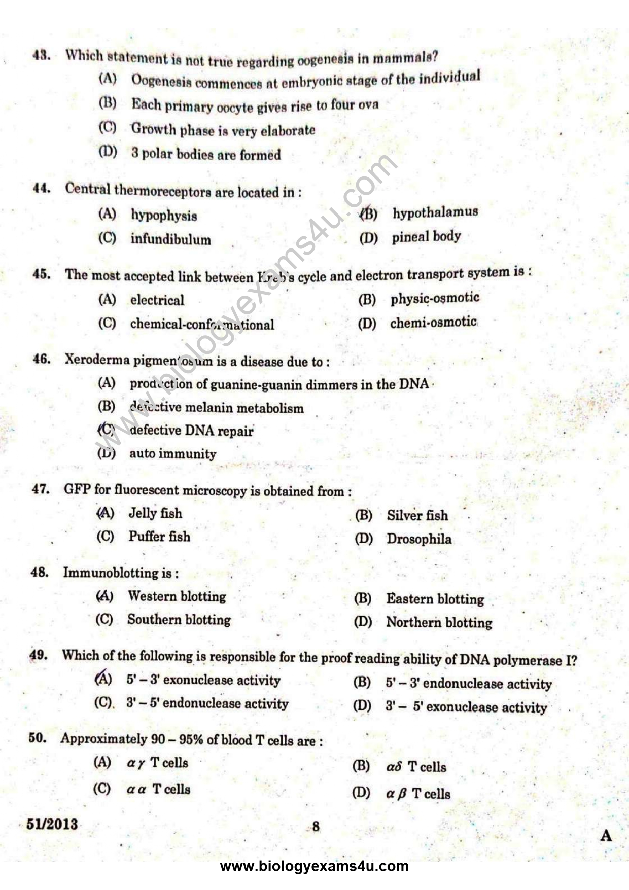 Scientific Officer Biology - Question Paper with Answer Key 51/2013