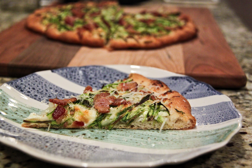 Shaved asparagus pizza with bacon and buffalo chicken pizza