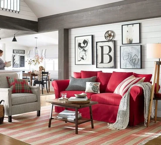 41 desain interior ruang TV dan ruang keluarga minimalis modern bernuansa merah putih