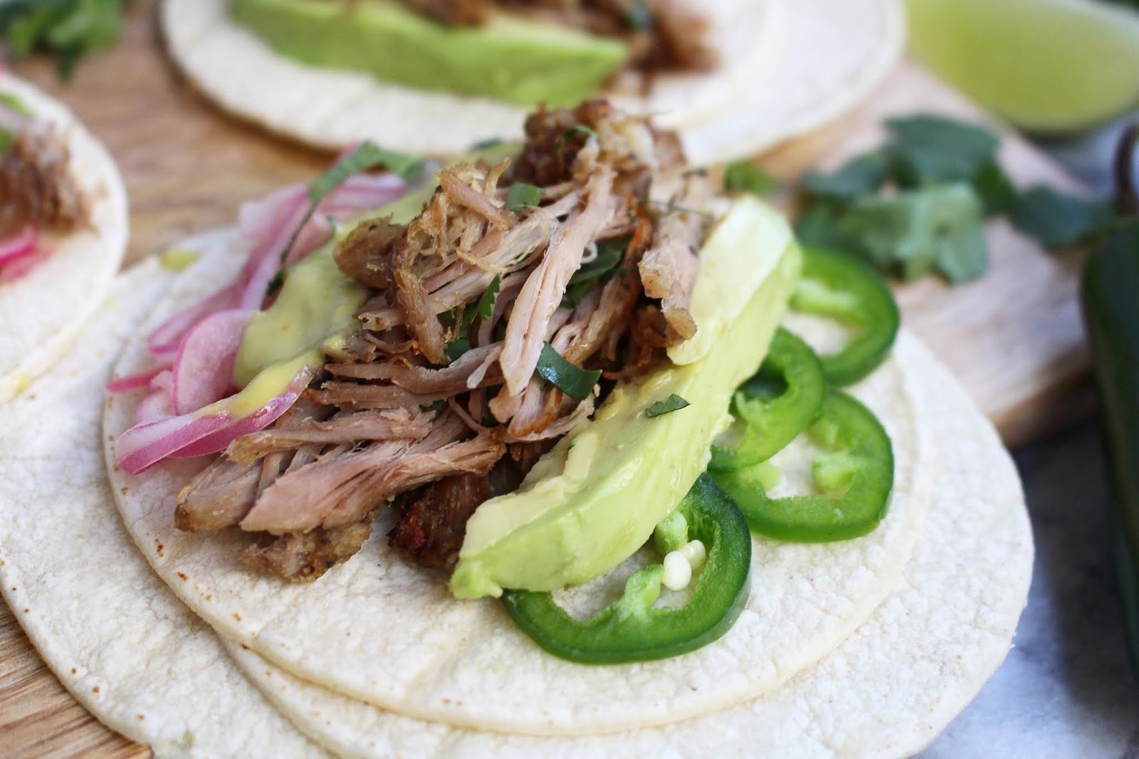 Kylee's Kitchen Best pork carnitas with pickled onions and guacamole