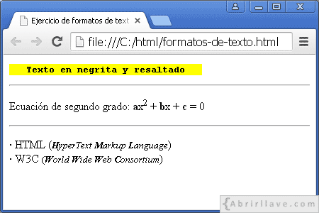 Ejercicio de formatos de texto en HTML.