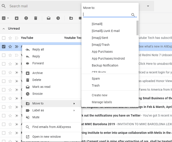 Gmail правой кнопкой мыши меню действий