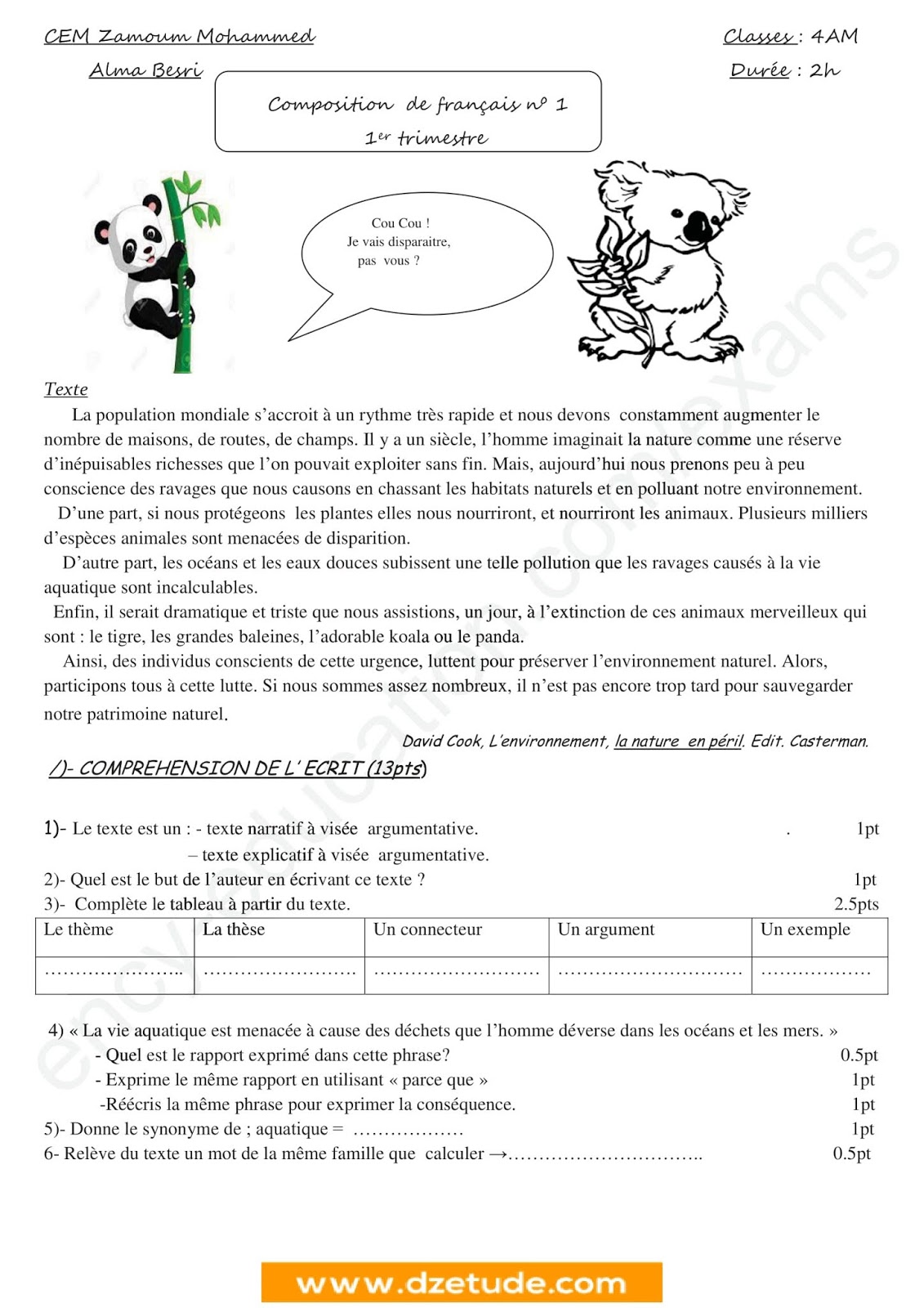 إختبار الفصل الأول في اللغة الفرنسية للسنة الرابعة متوسط - الجيل الثاني نموذج 2