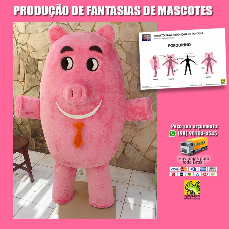 Mascote fantasia de Porquinho Rosa de Gravata Cofre de Porco</span></p>