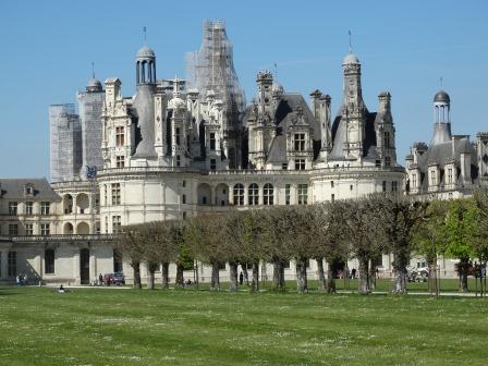 A view of the imposing rooftop and chimneys Chateau de Chambord in the Loire Valley 