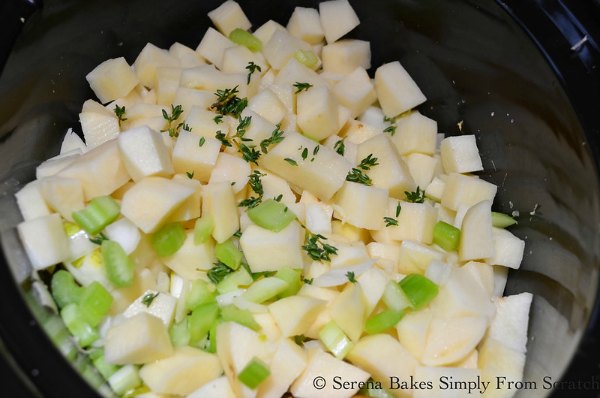 Crock Pot Potatoes, Celery, thyme for gluten free clam chowder.
