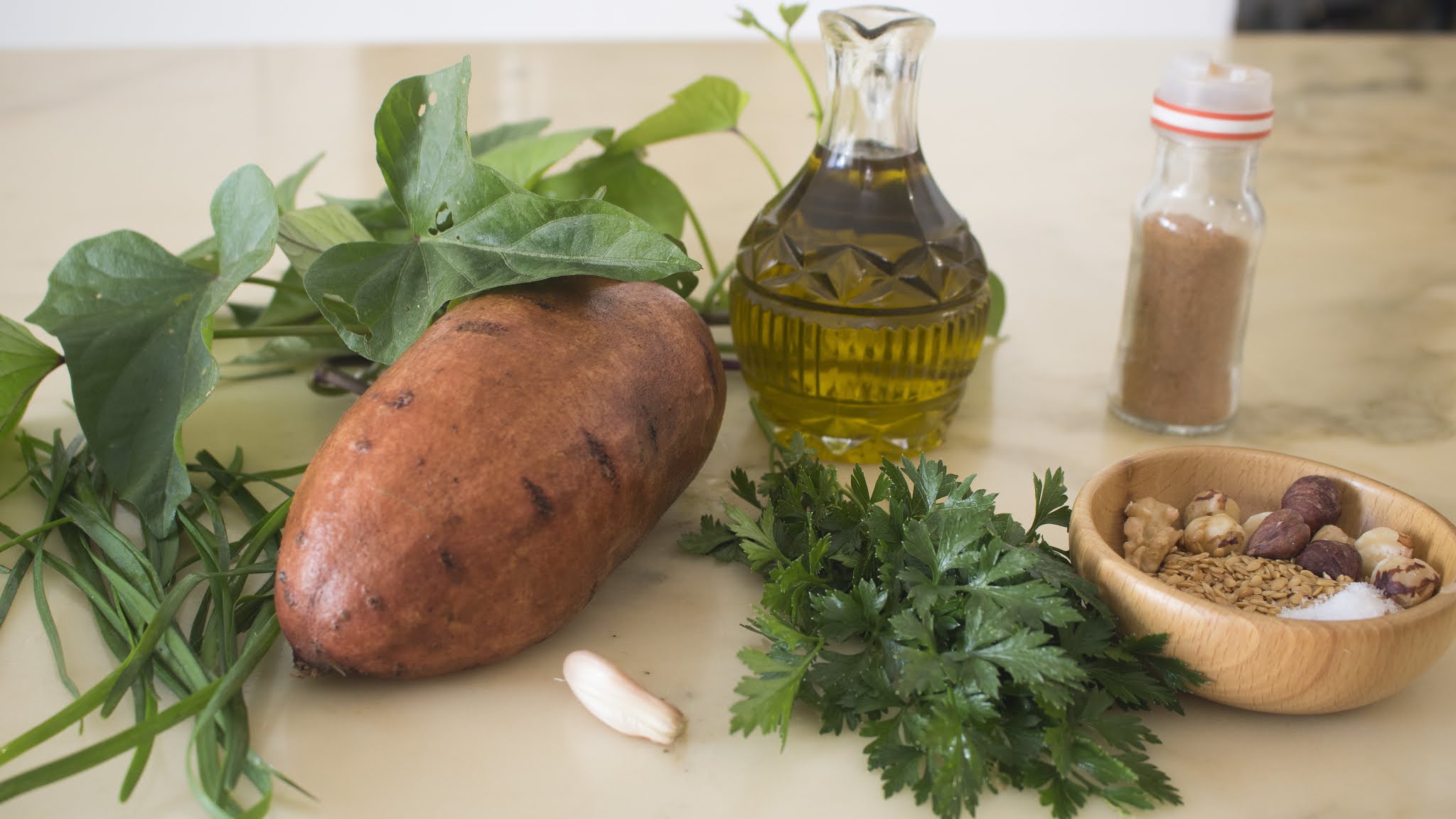 Comment faire un rôti de patate douce sauce pesto gomasio Indice glycémique bas