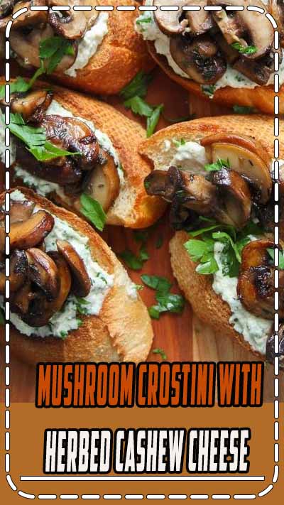 With toasty baguette slices topped with creamy cashew cheese and savory sautéed cremini mushrooms, this vegan mushroom crostini is hard to resist. Perfect for a plant-based party appetizer or afternoon snack! #veganrecipes #vegan #appetizer #mushrooms #snacks #crostini