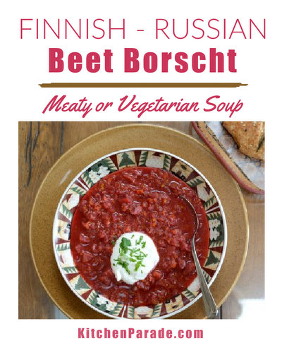 Karelian Borscht (Russian Beet Borscht Soup) ♥ KitchenParade.com, extra hearty with sausage and a swirl of sour cream but also especially earthy and delicious as a vegetarian borscht.