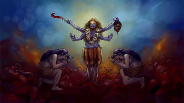 kali mata with jaya and vijaya illustration 