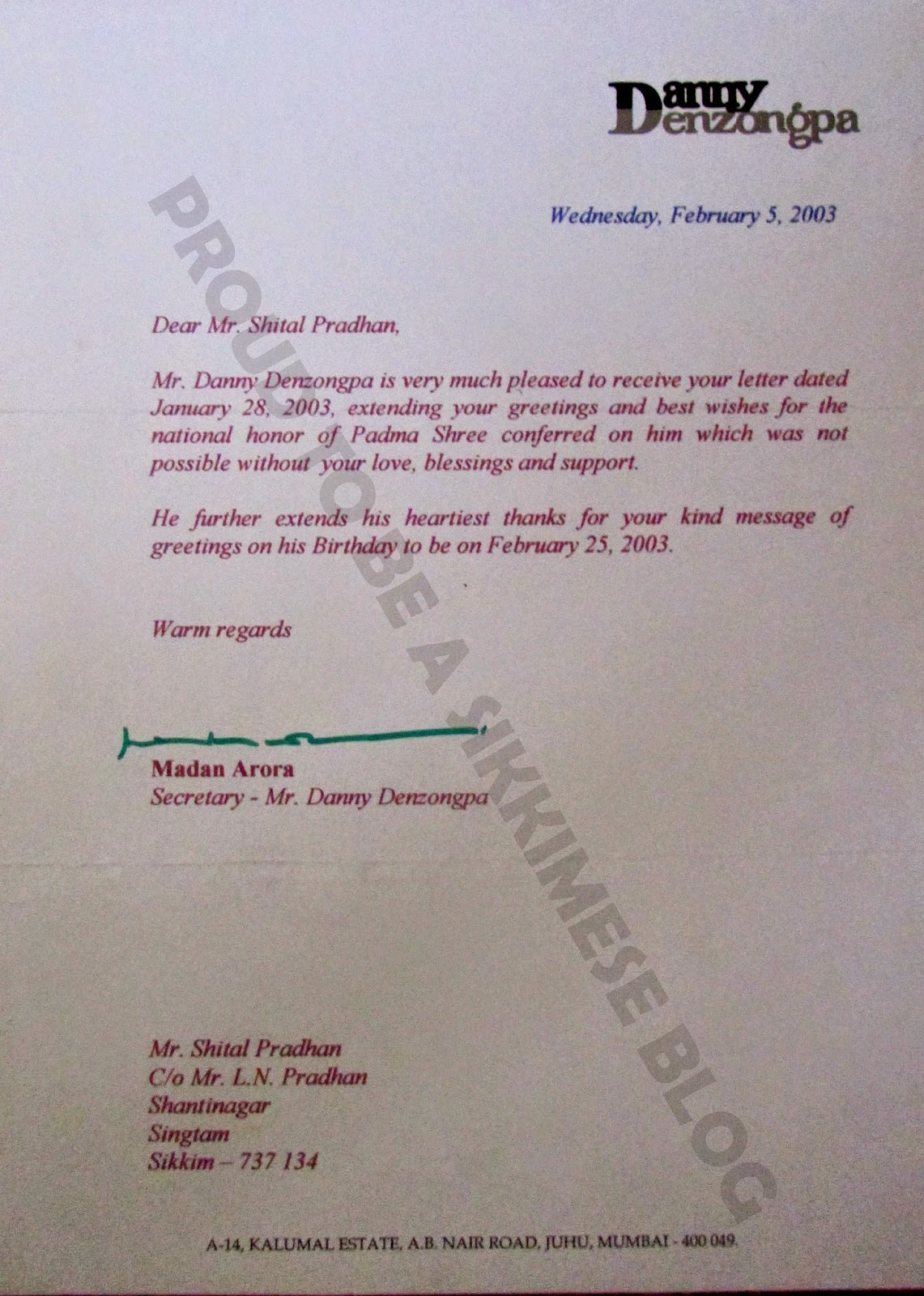 Danny Danzongpa's Secretary Madan Mohan Arora's letter send to me